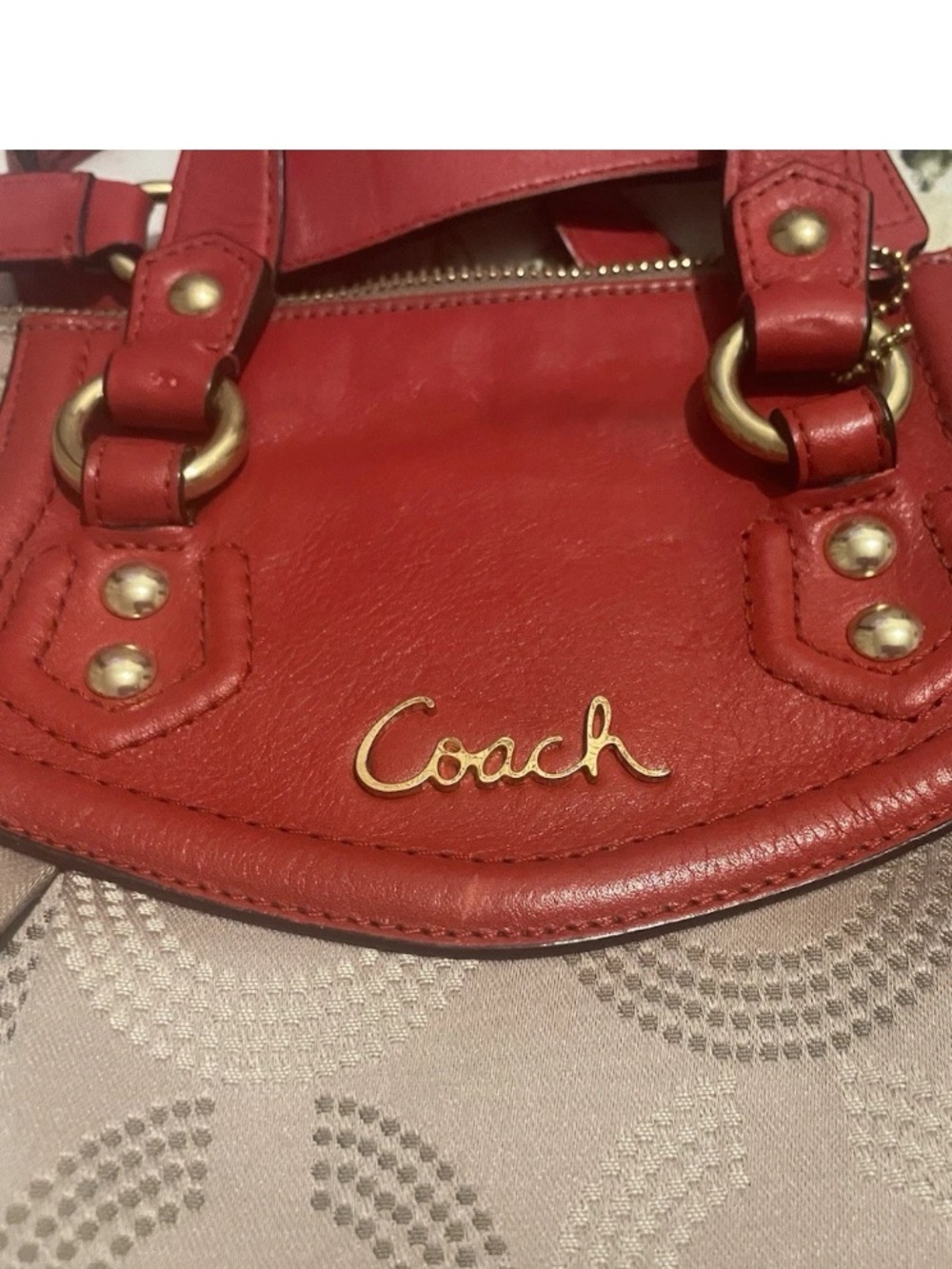 Coach Ashley Signature Khaki Red Op Art Dotted Satchel Crossbody, 2012, F20027 - Picture 12 of 16